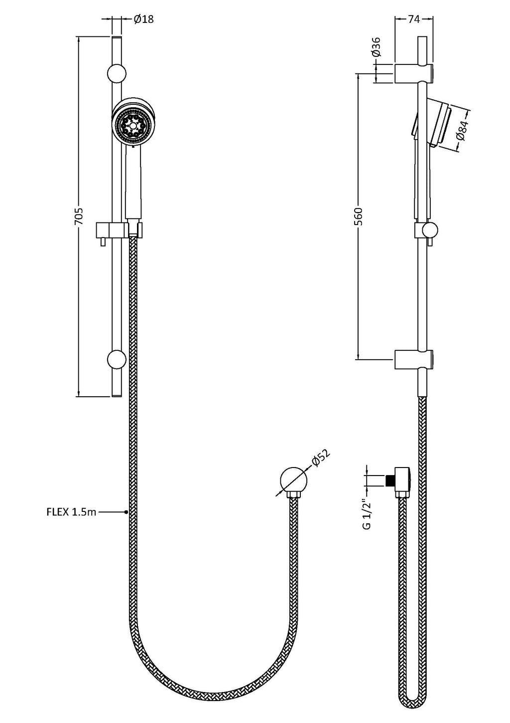 Elegant modern shower head and hose setup with precise measurements, ideal for luxury bathroom renovations, featuring adjustable spray and durable fixtures for a stylish and functional bathroom upgrade.