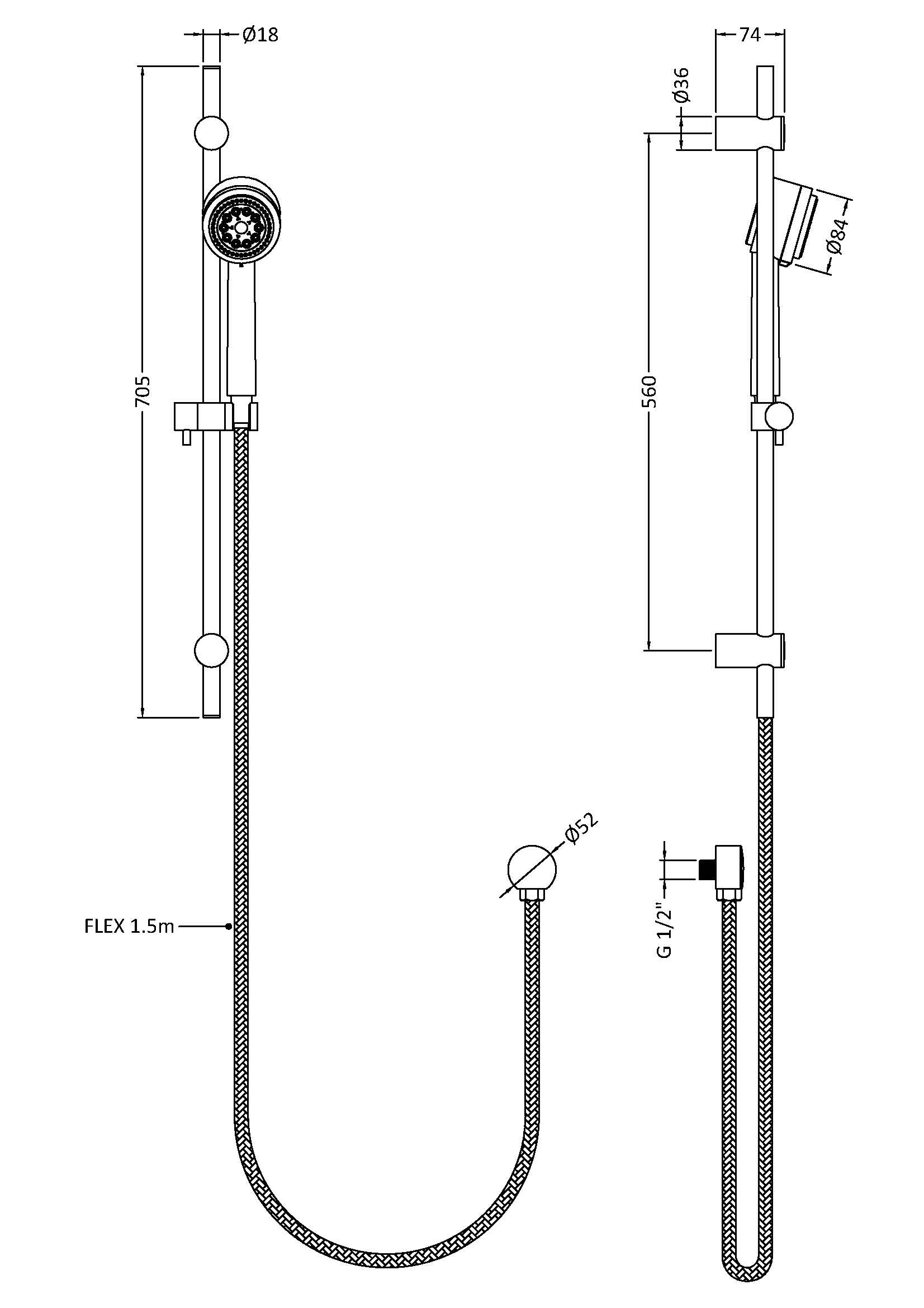 Elegant modern shower head and hose setup with precise measurements, ideal for luxury bathroom renovations, featuring adjustable spray and durable fixtures for a stylish and functional bathroom upgrade.