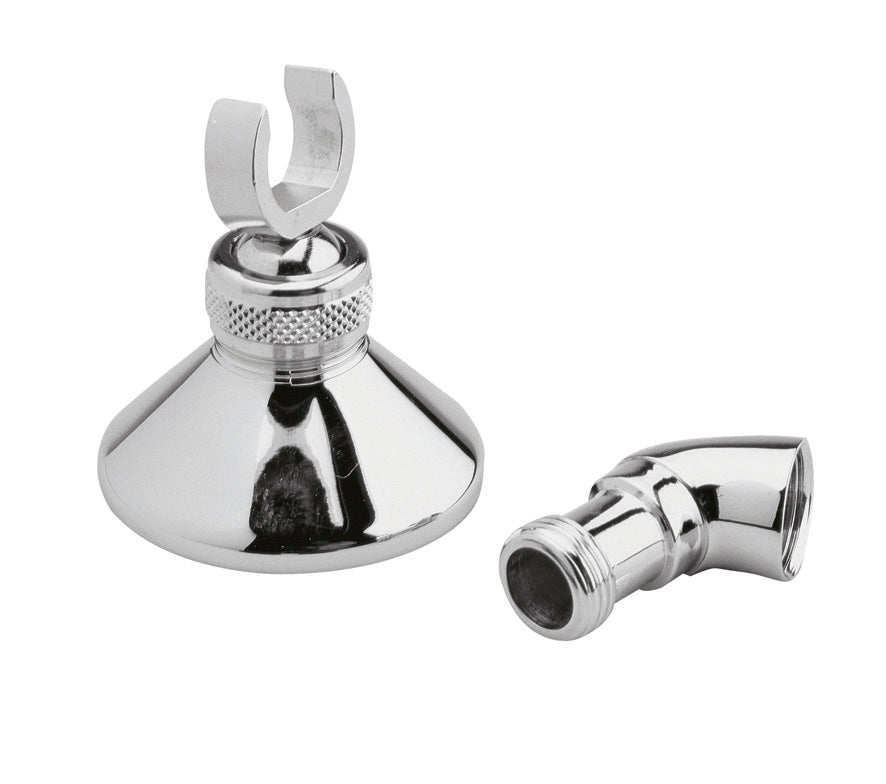 Shiny chrome shower arm and bracket fitting for bathroom plumbing, bathroom accessories, and shower upgrades in Bubly Bathrooms.