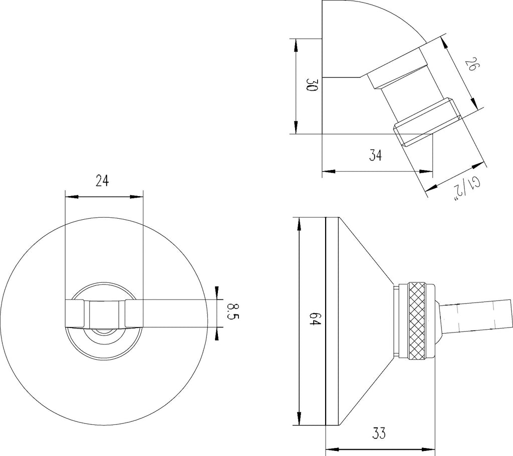Shower head technical drawing with dimensions, plumbing fixtures, and installation measurements for Bubly Bathrooms.