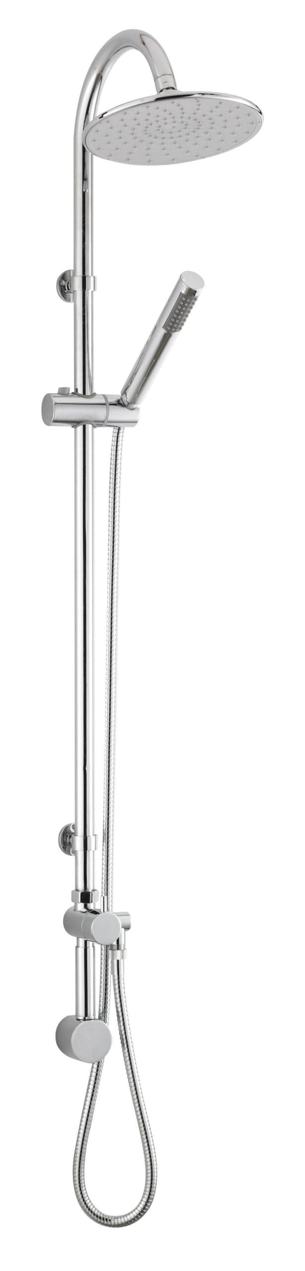 Shower head and handheld shower rail set in polished chrome. Modern bathroom shower fixture with large rain shower head and adjustable handheld spray for a luxurious shower experience.