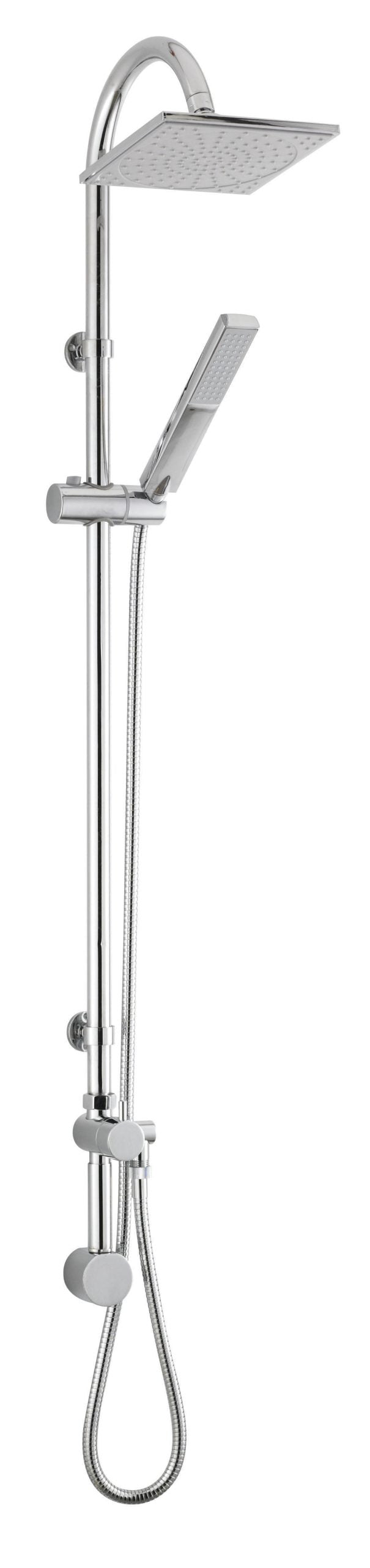 Bright chrome shower system with hand shower and overhead rain shower head for modern bathrooms.