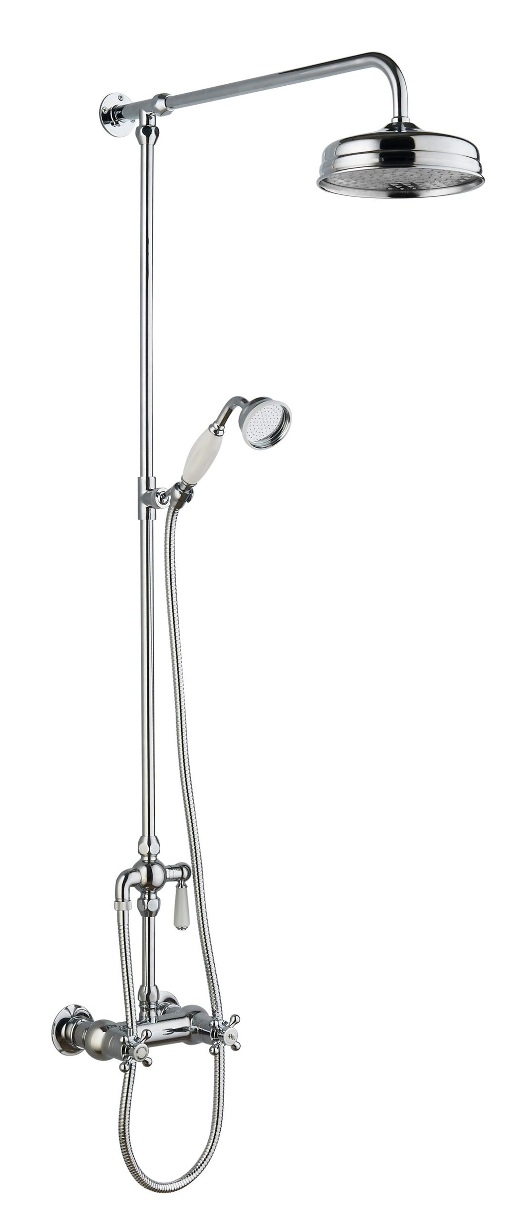 Chrome vintage style shower and hand shower set with adjustable height rail. Ideal for classic bathroom design, featuring a durable metal finish and versatile shower options.