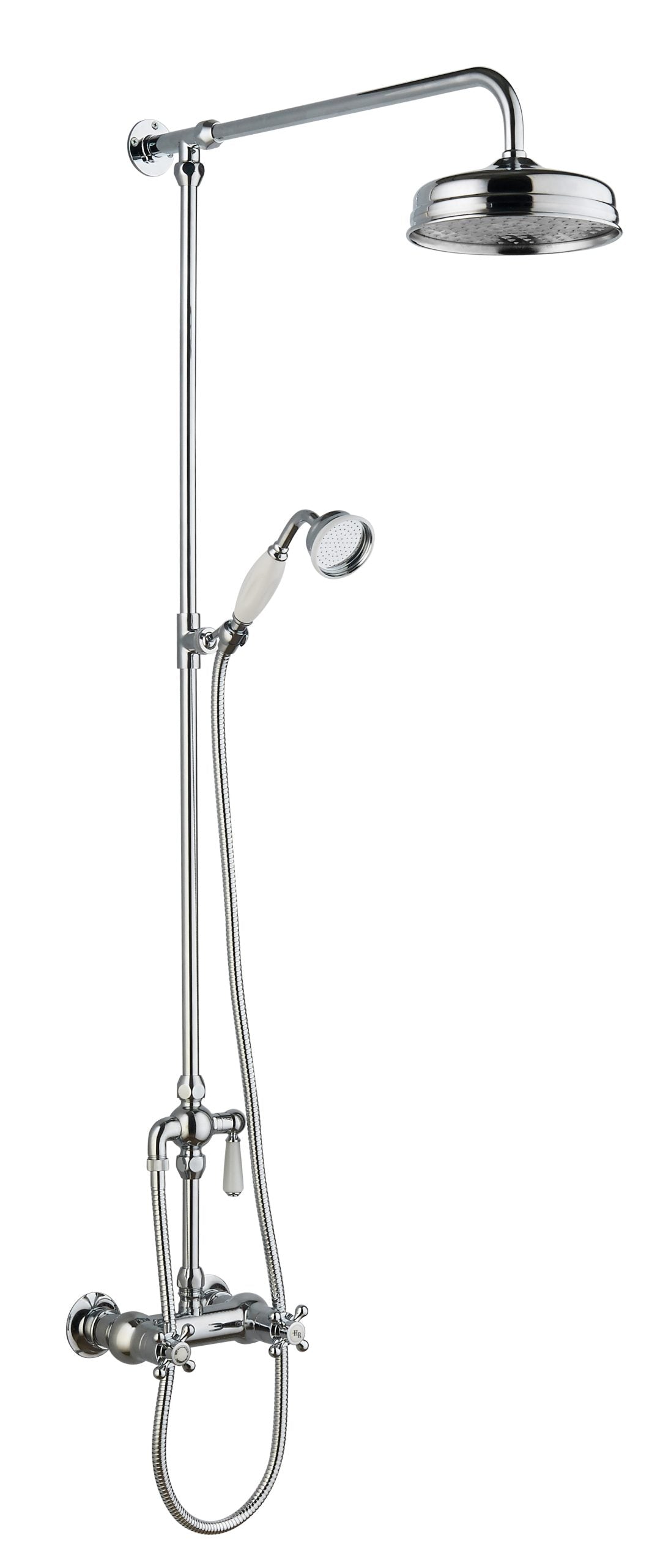 Chrome vintage style shower and hand shower set with adjustable height rail. Ideal for classic bathroom design, featuring a durable metal finish and versatile shower options.