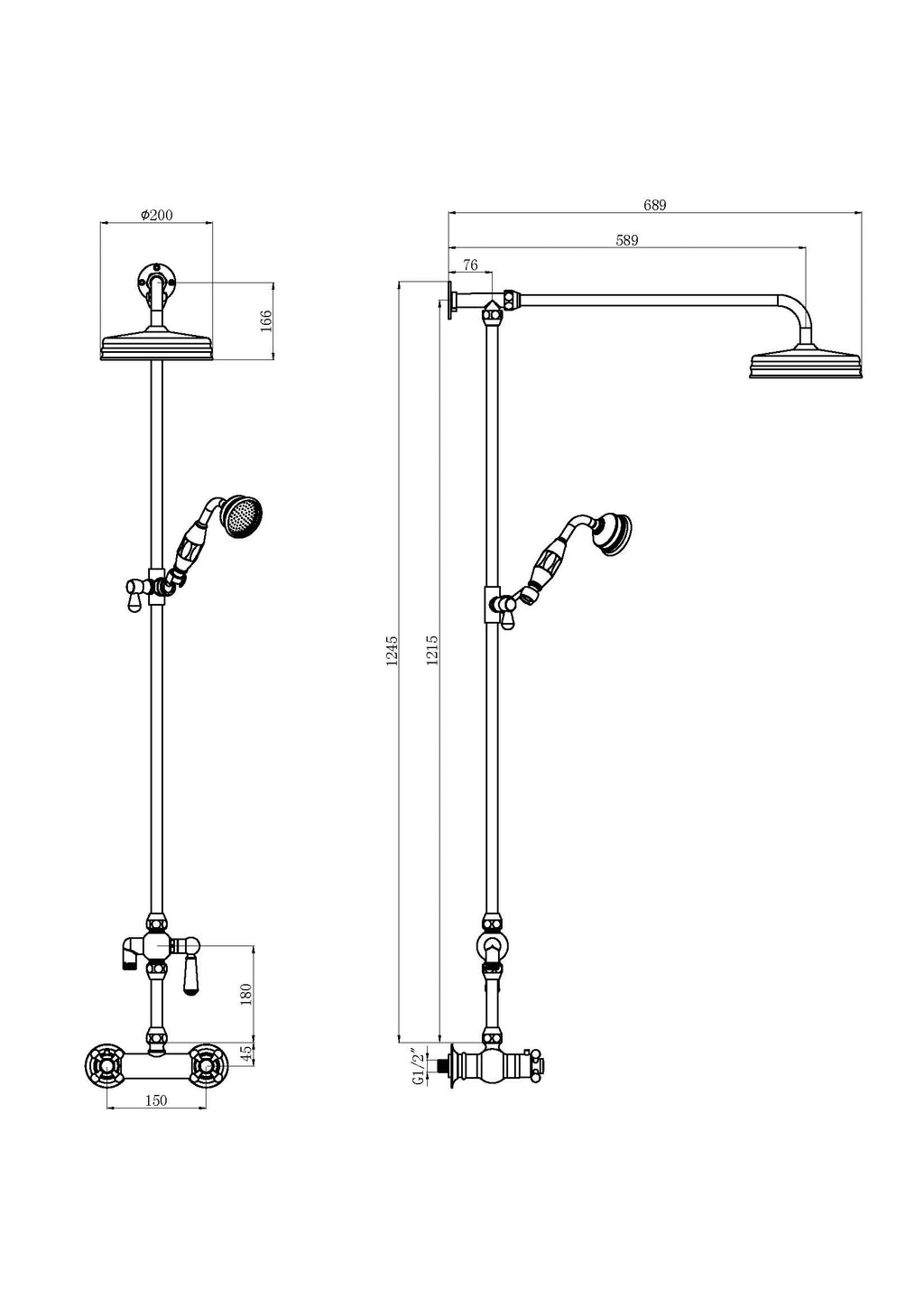 Robust shower system diagram from Bubly Bathrooms, featuring a fixed overhead shower, handheld shower head, and detailed measurements for custom bathroom installation.
