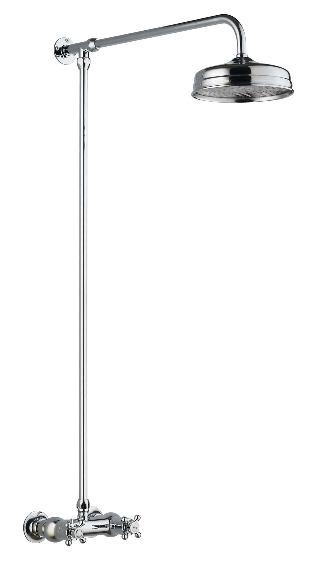 Chrome bathroom shower head and pipe, modern water fixture for Bubly Bathrooms.