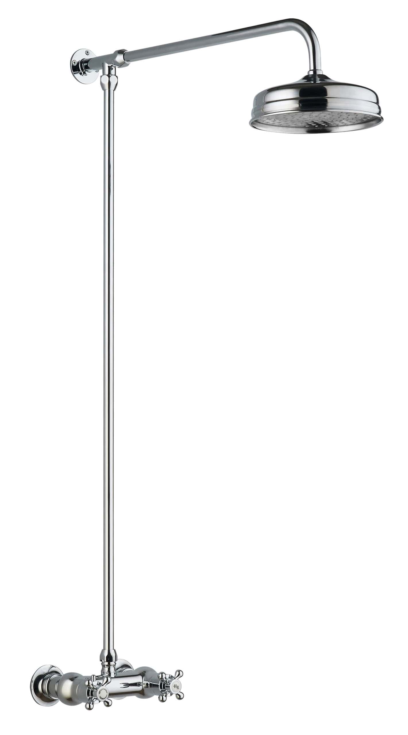 Chrome bathroom shower head and pipe, modern water fixture for Bubly Bathrooms.