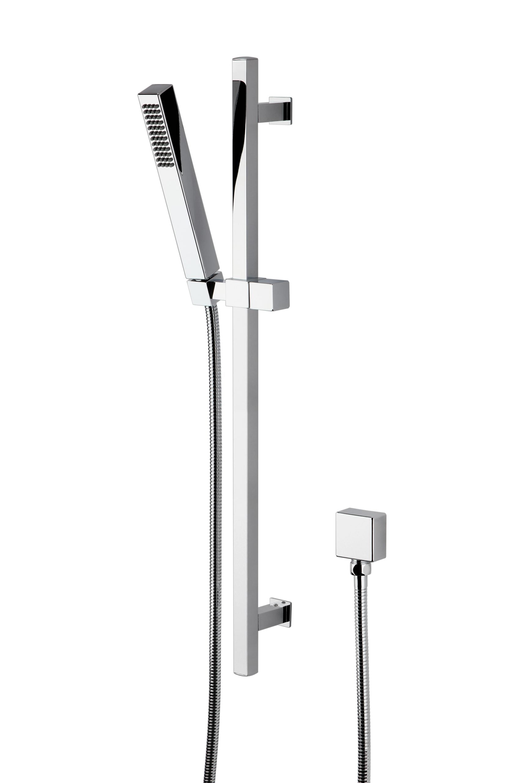 Sleek chrome shower rain head with handheld spray and adjustable wall mount, ideal for modern bathrooms and efficient shower systems.