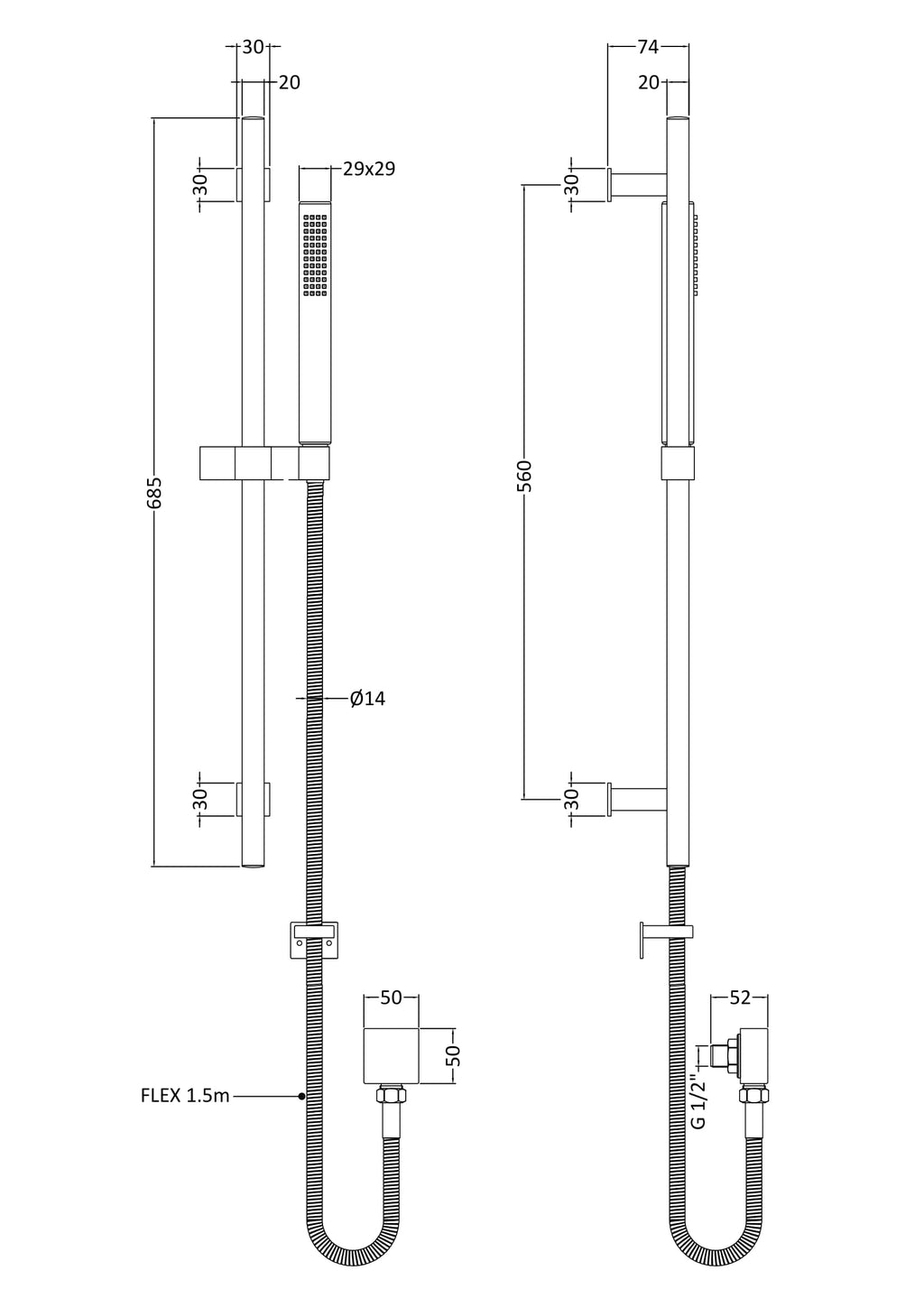 Elegant modern shower system with adjustable height, handheld shower head, and flexible hose for luxurious bathroom renovations and high-quality Bubly Bathrooms fixtures.