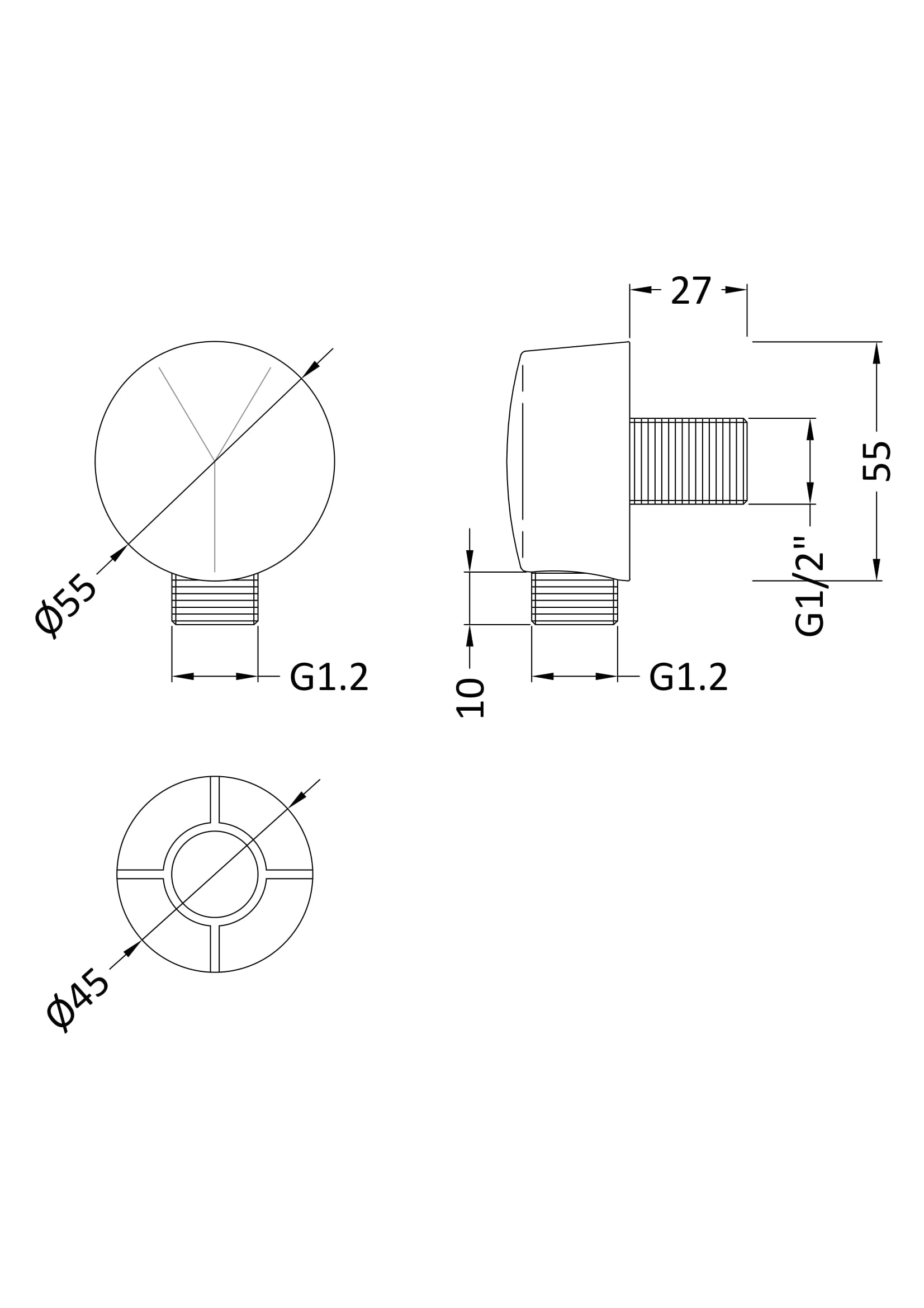 High-quality technical bathroom component illustration from Bubly Bathrooms, showing detailed measurements and threading specifications for plumbing fixtures and fittings.