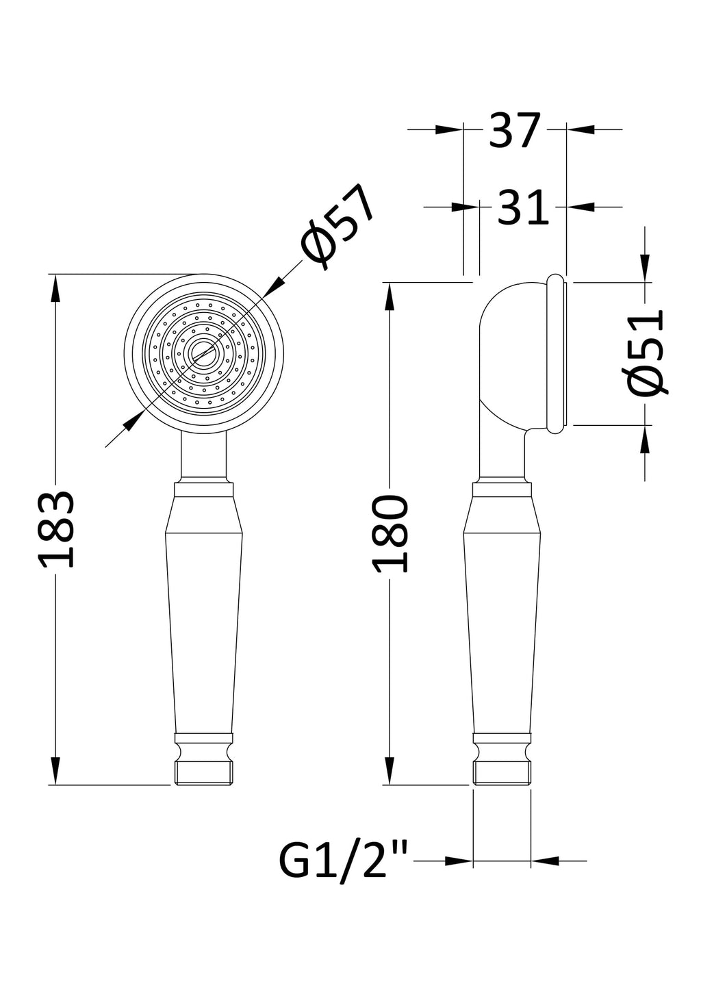 Sleek modern handheld showerhead with a 50mm diameter face, adjustable water flow, suitable for contemporary bathrooms, easy to attach with G1/2" fitting, ideal for Bubly Bathrooms.