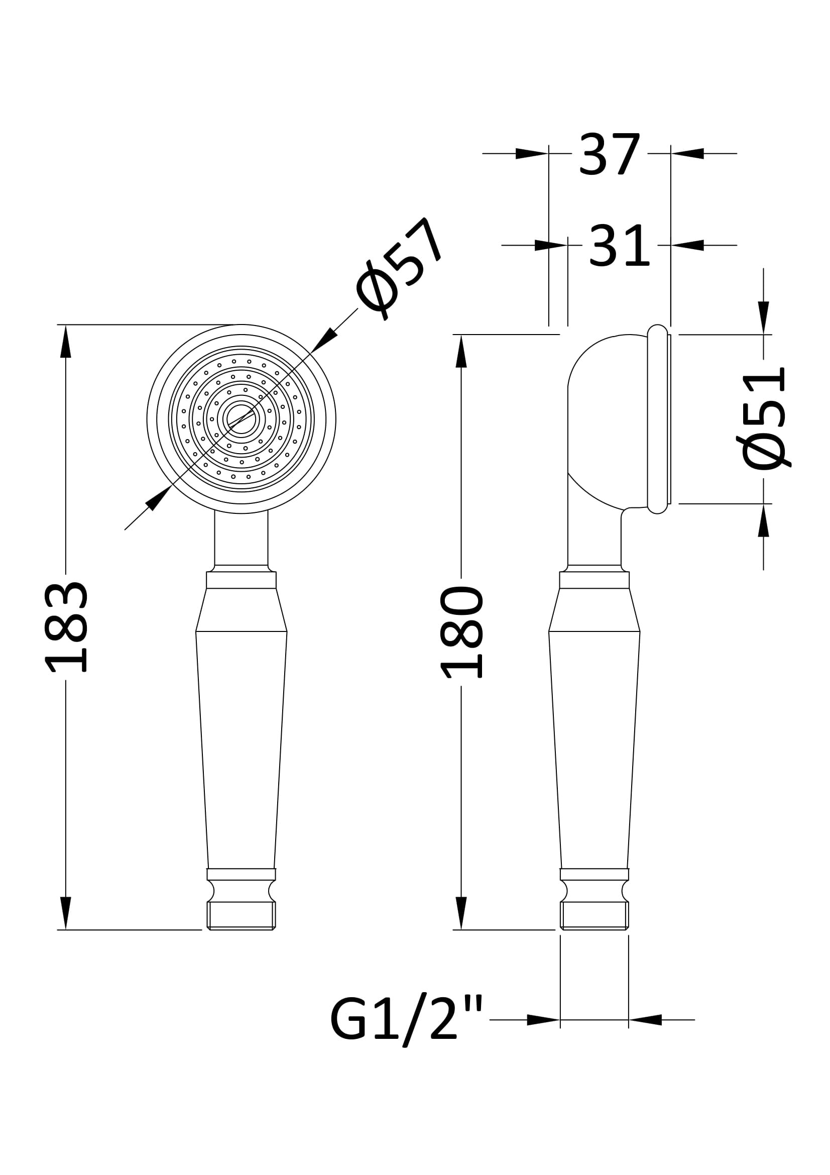 Sleek modern handheld showerhead with a 50mm diameter face, adjustable water flow, suitable for contemporary bathrooms, easy to attach with G1/2" fitting, ideal for Bubly Bathrooms.