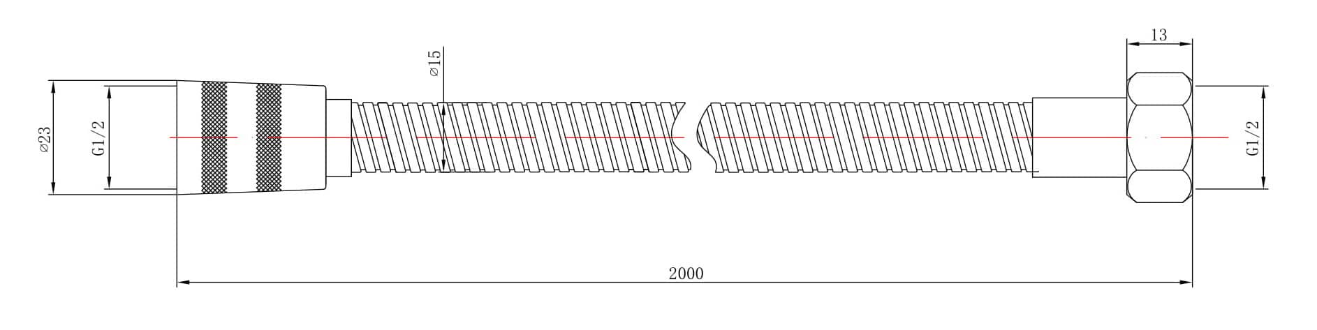 Highly detailed technical drawing of a flexible bathroom hose with precise measurements, suitable for plumbing installations and bathroom design projects.