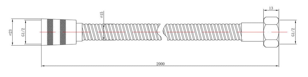 Highly detailed technical drawing of a flexible bathroom hose with precise measurements, suitable for plumbing installations and bathroom design projects.