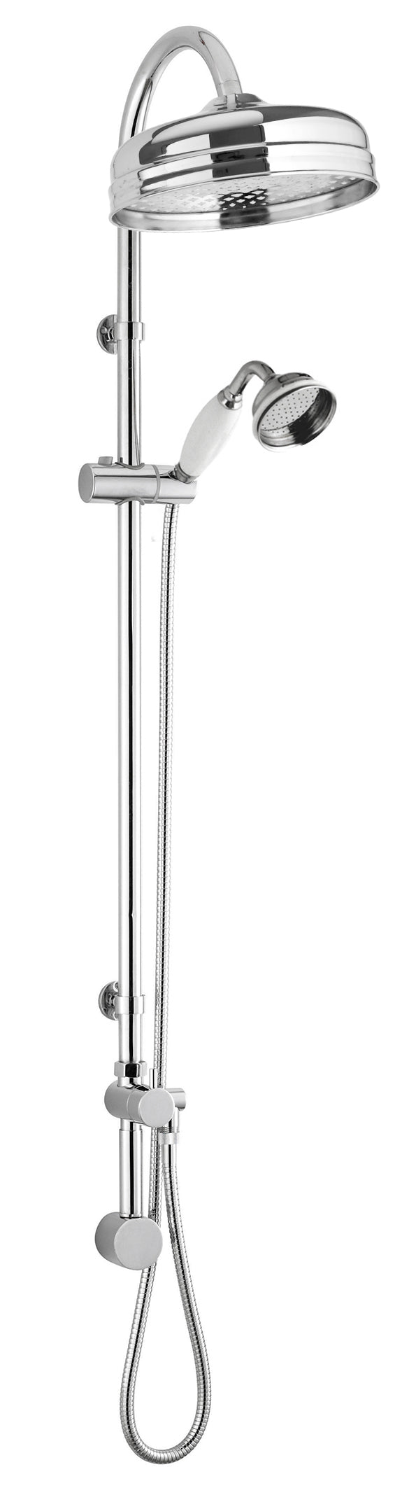 Chrome shower head with hand-held spray and adjustable height for modern bathroom design. Perfect for提升ing shower comfort and style.