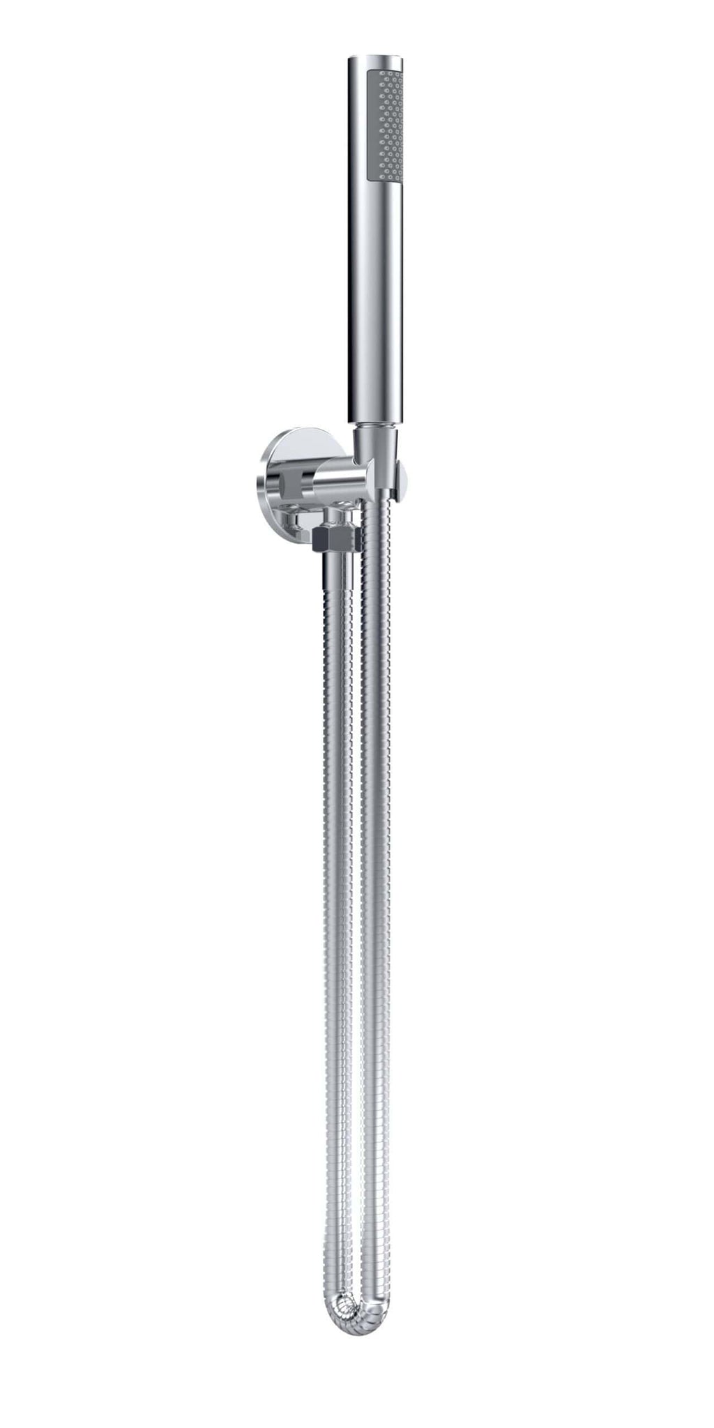 Sleek silver handheld shower head with flexible hose and wall mount, ideal for modern bathroom renovations and water-saving shower solutions.