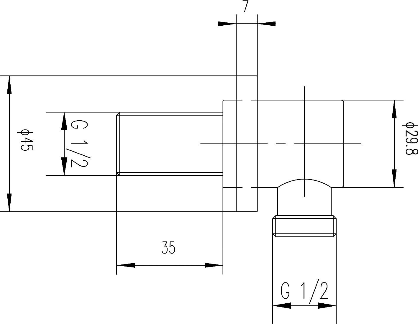 Precision technical drawing of a bathroom plumbing fitting, showing dimensions and specifications for bathroom installation. Ideal for bathroom renovation and plumbing projects.