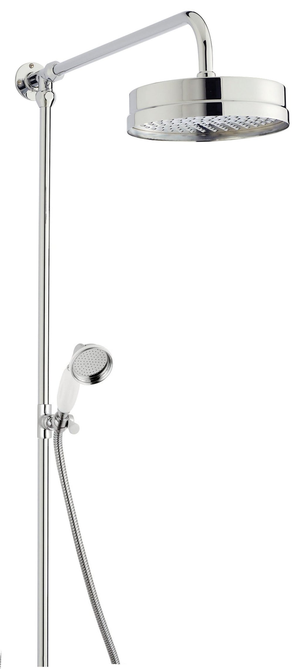 Polished chrome shower head and handheld shower set with adjustable height and modern design, ideal for luxury bathrooms.