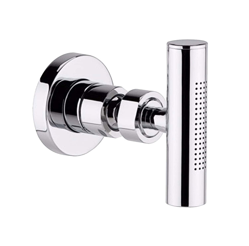 Chrome wall-mounted shower outlet, modern bathroom fixture, Bubly Bathrooms quality plumbing accessory.
