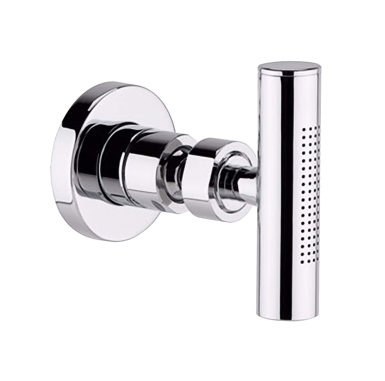 Chrome wall-mounted shower outlet, modern bathroom fixture, Bubly Bathrooms quality plumbing accessory.