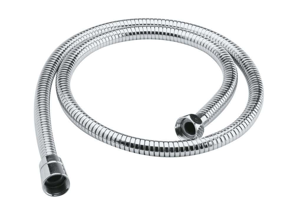 Flexible chrome shower hose for bathroom plumbing, durable and high-quality with threaded connections, suitable for modern bathroom installations.