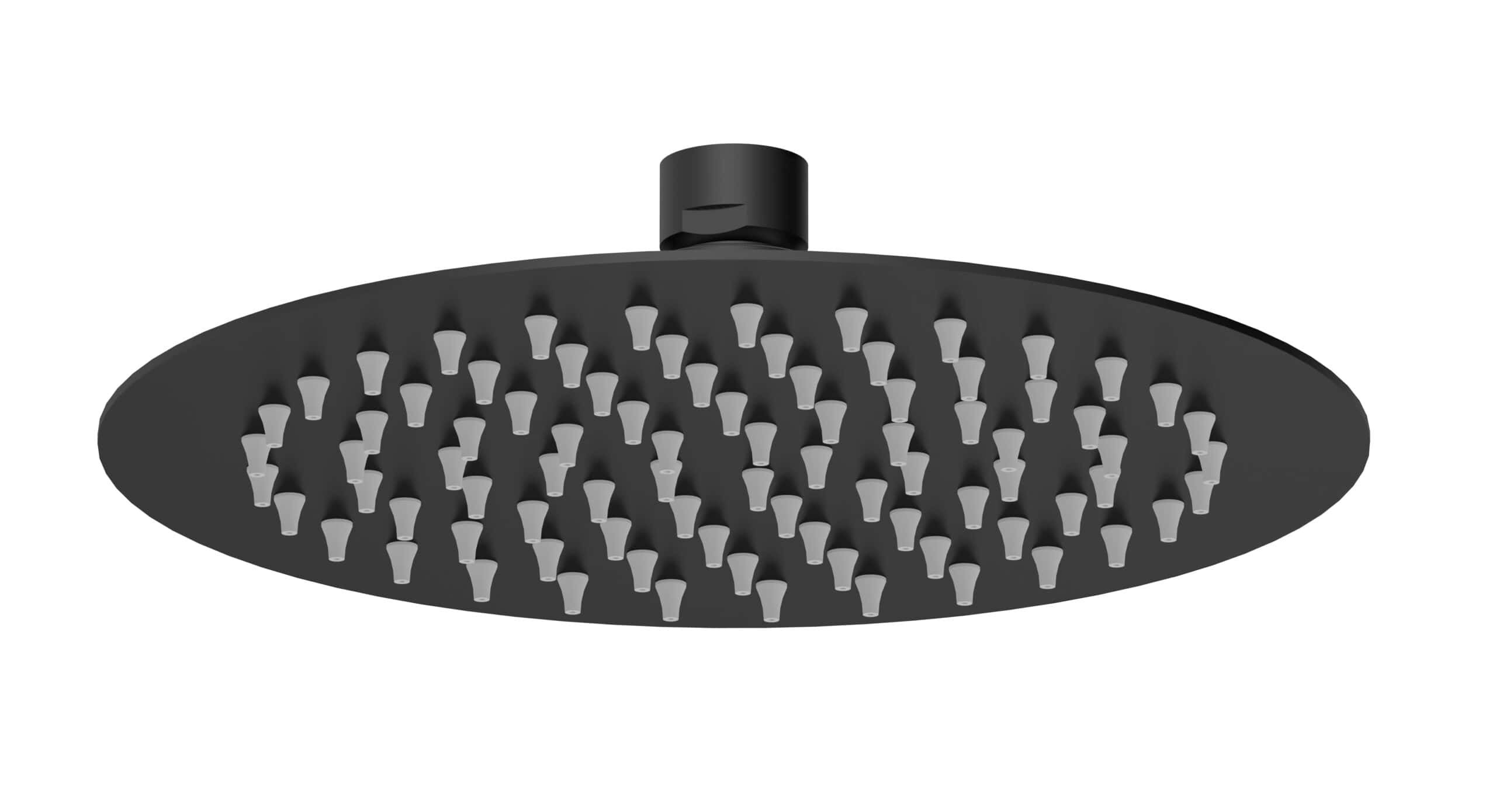 Chrome black rain shower head with multiple water outlets for a luxurious bathroom experience.