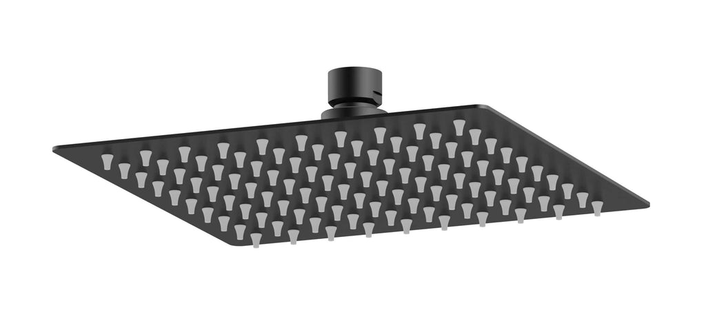 S square black rainfall showerhead with multiple nozzles for luxurious bathroom showering.