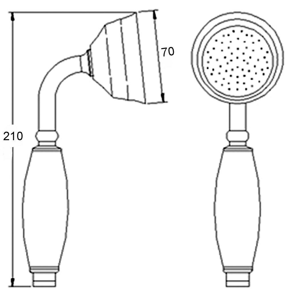 Shower head design with detailed technical drawing, measuring 210mm in height and 70mm in diameter, ideal for bathroom renovation and plumbing upgrades.