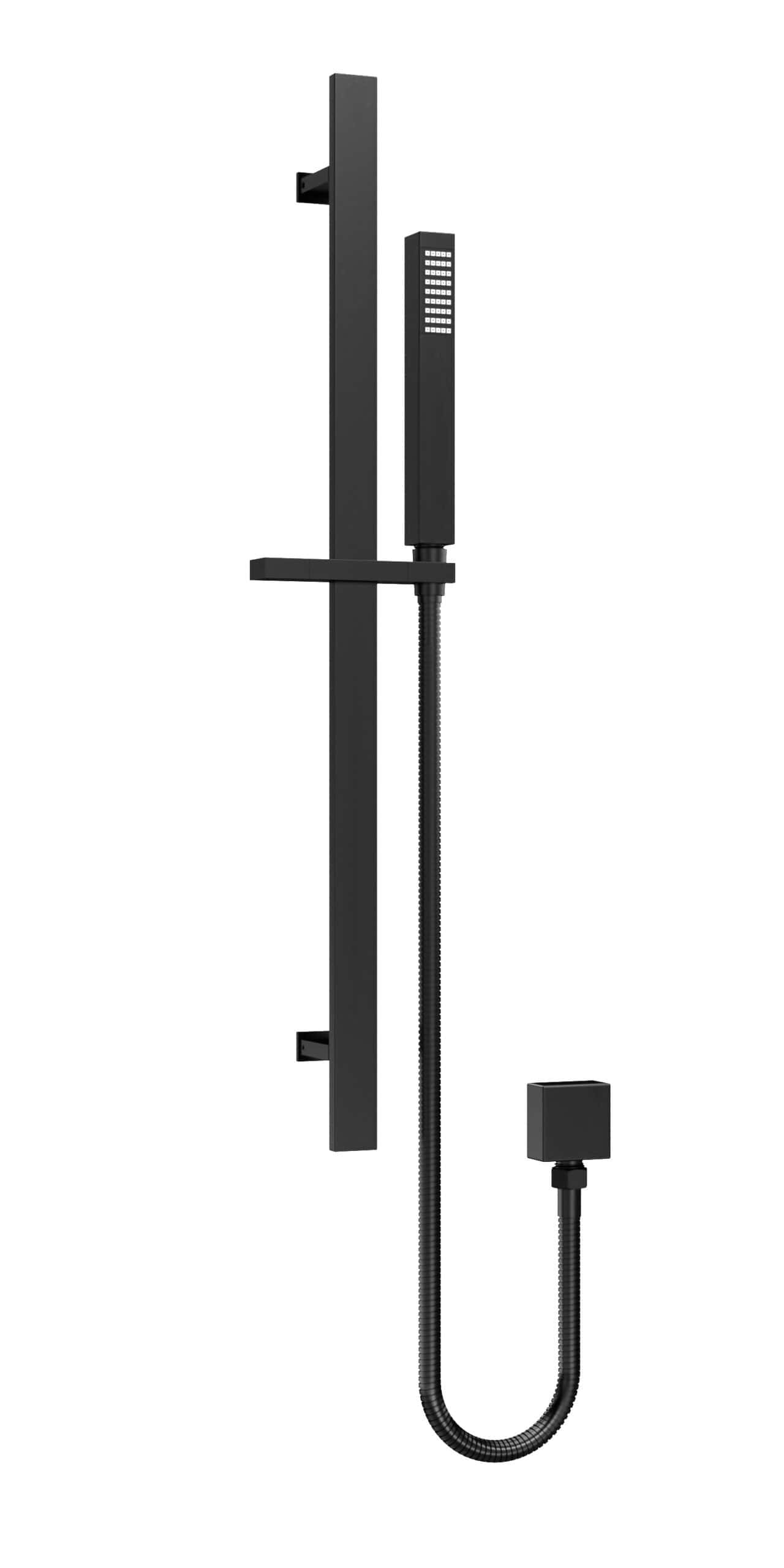 Sleek black modern shower set with wall-mounted hand shower and adjustable rail for luxurious bathroom upgrade. Perfect for contemporary Bubly Bathrooms designs.