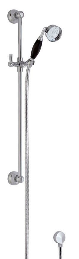 Polished chrome shower rail with adjustable handheld showerhead and flexible hose for modern bathroom comfort.