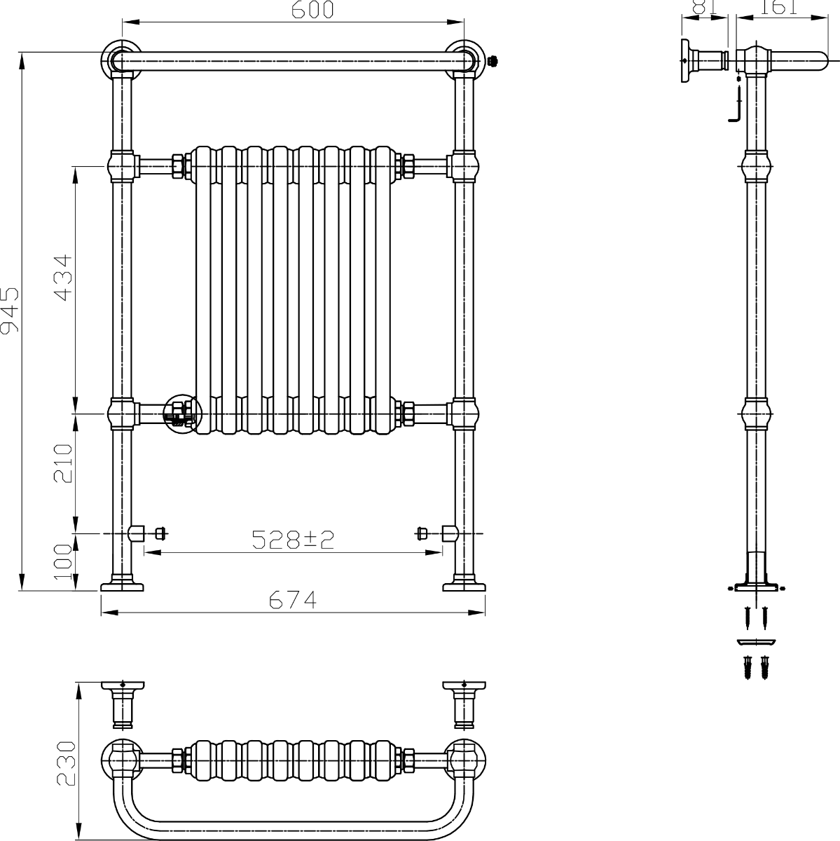 Reina Victoria Chrome/White Traditional Heated Towel Rail - technical drawing with dimensions