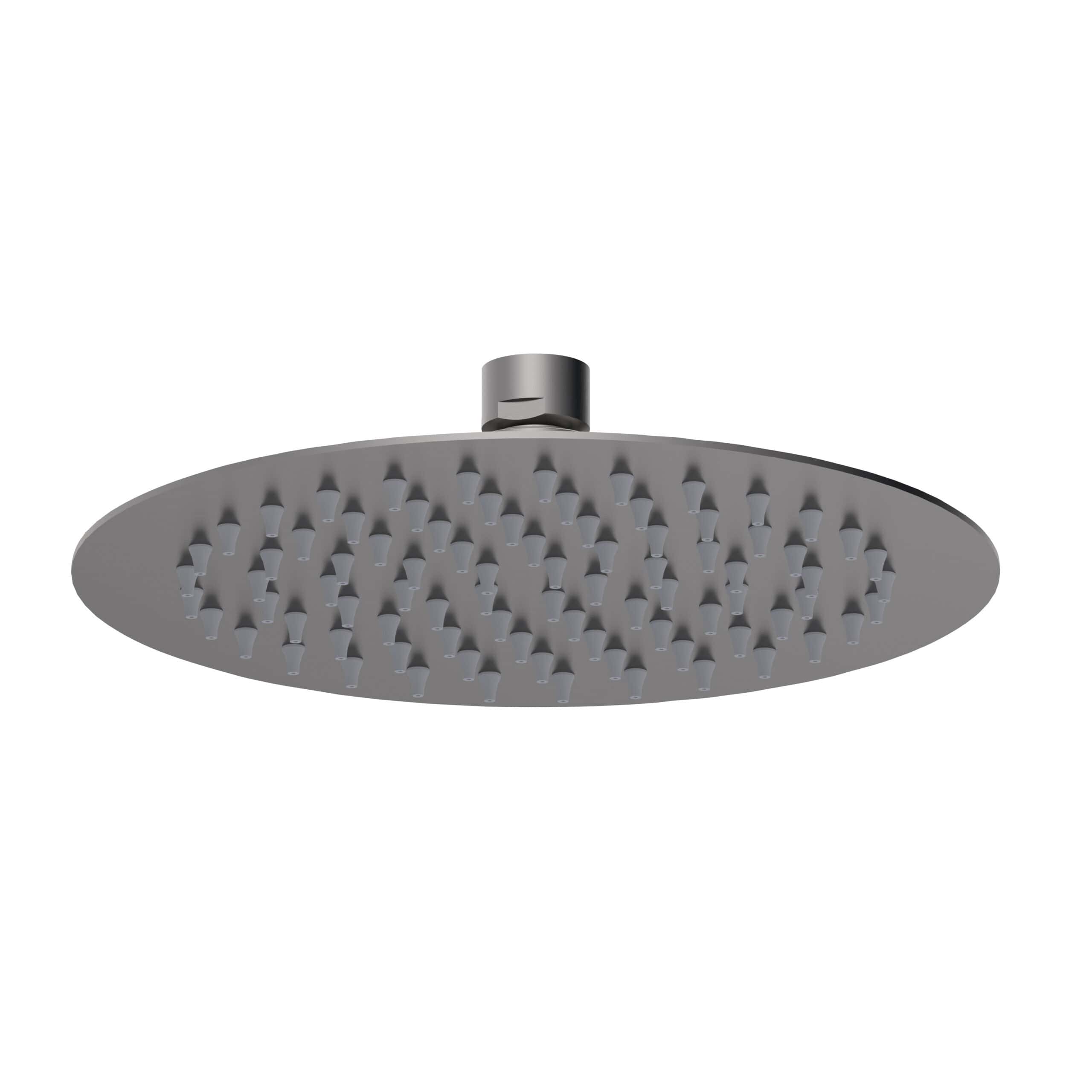 Polished chrome rain shower head with multiple nozzle points, modern bathroom fixture for an optimal shower experience.