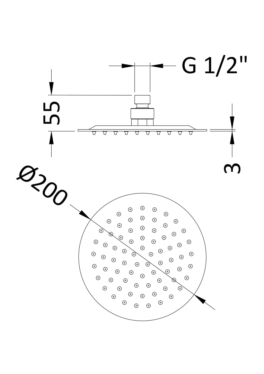Showerhead diagram with detailed measurements for Bubly Bathrooms, featuring G 1/2 fittings, 200mm diameter, 55mm height, and 3mm thickness, ideal for bathroom renovations and plumbing installations.