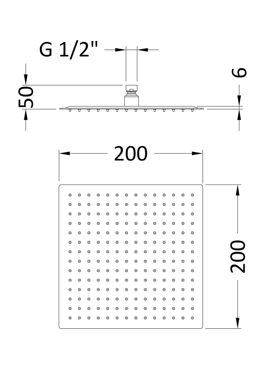 Showerhead for bathroom renovation, detailed technical drawing with measurements and fitting specifications, ideal for modern Bubly Bathrooms projects.
