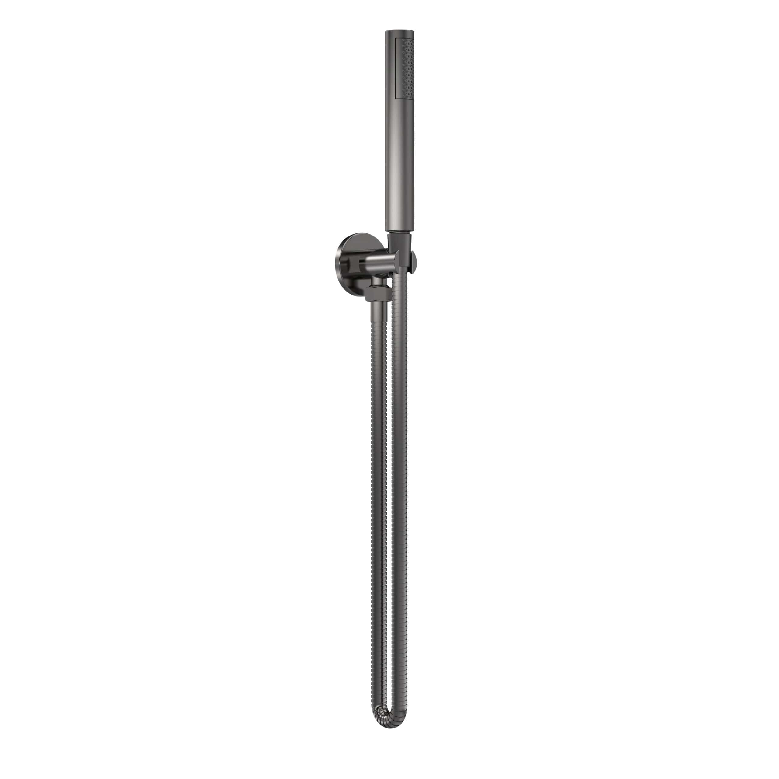 Sleek stainless steel bathroom shower with handheld attachment and flexible hose, modern shower fixture ideal for contemporary bathroom renovation and quality bathing experience.