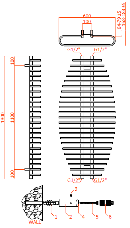 Reina Teano Chrome Heated Towel Rail - technical drawing with dimensions