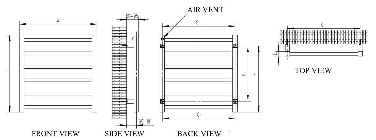 Reina Arden Brushed Stainless Steel Heated Towel Rail - technical drawing with dimensions
