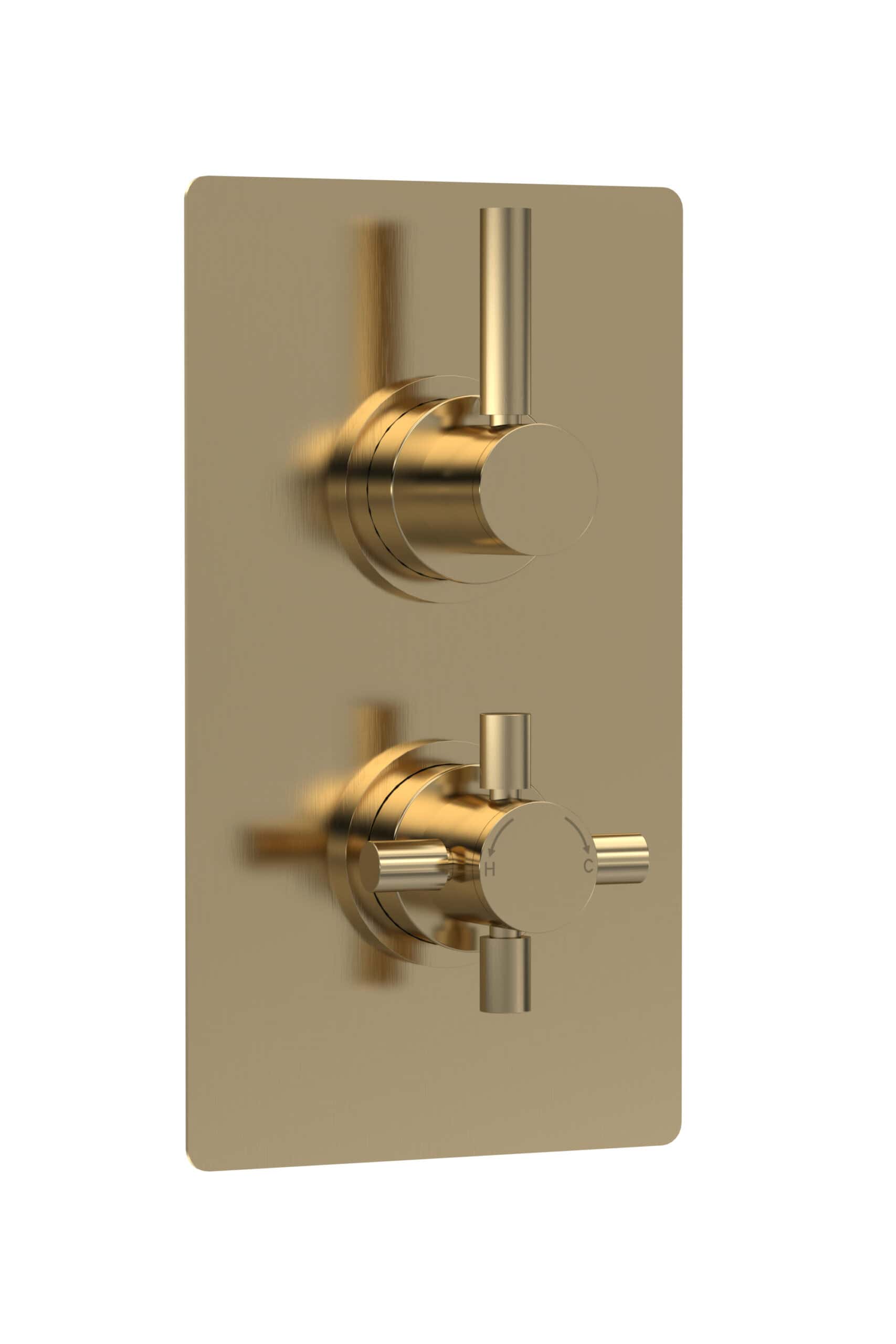 Shower thermostat control panel in polished gold finish, featuring temperature and flow adjustment for modern Bubly Bathrooms.