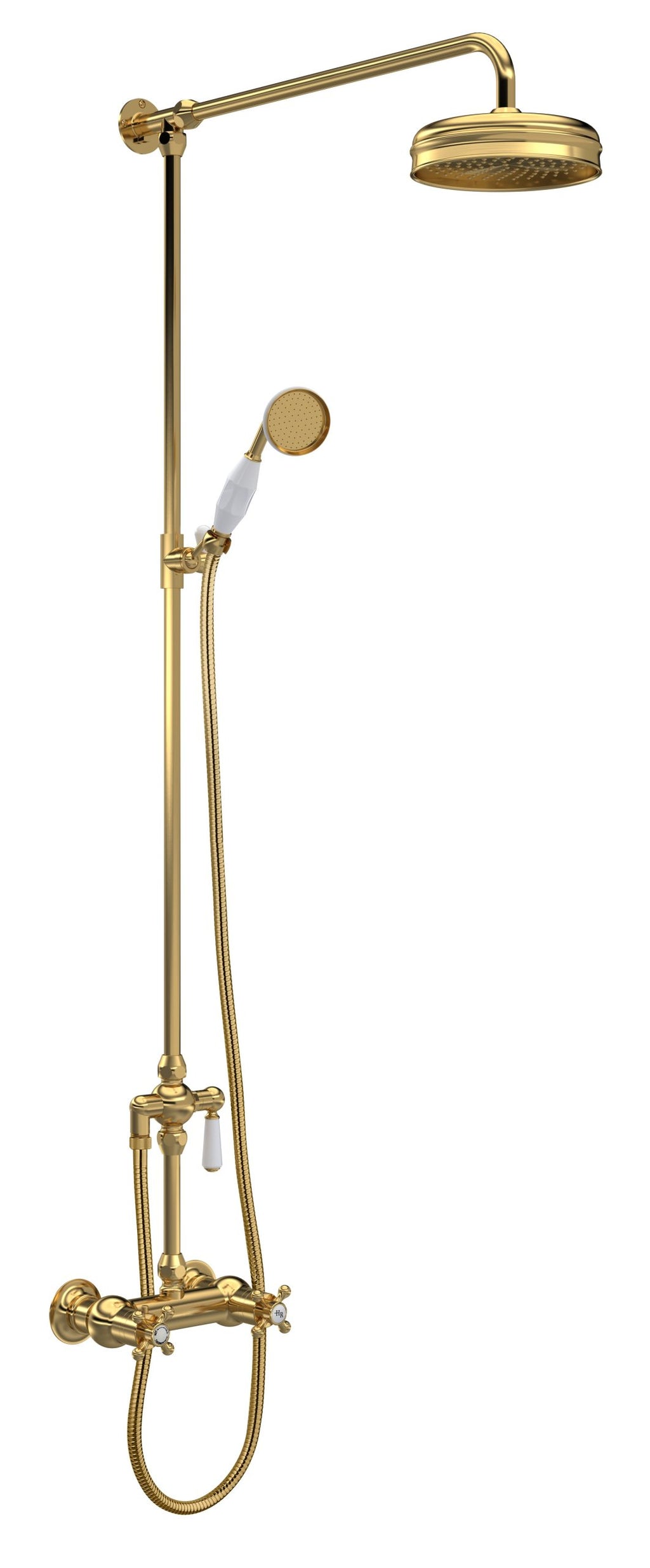 Brass vintage-style shower system with a handheld showerhead and rain shower head, perfect for bathrooms designed with a luxurious and classic aesthetic.