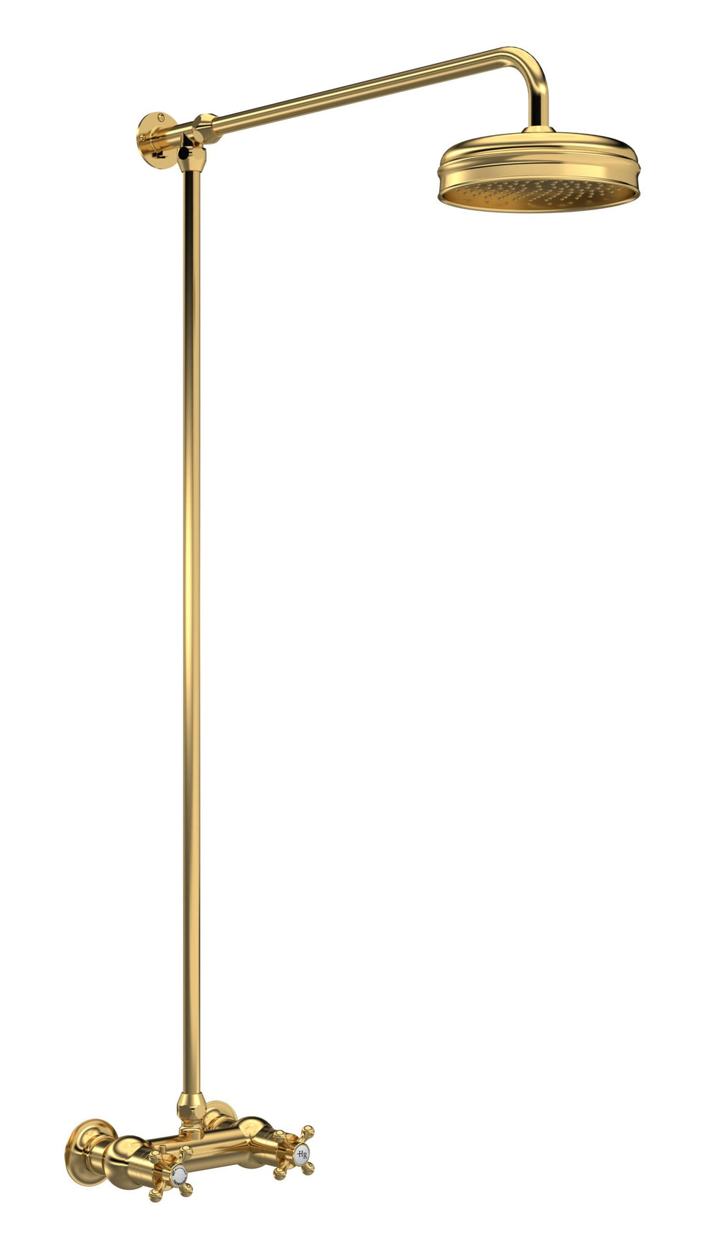 Brass shower fixture with modern design, featuring a rainfall showerhead and vintage-style controls, suitable for luxury bathroom renovations and custom bathroom fittings.