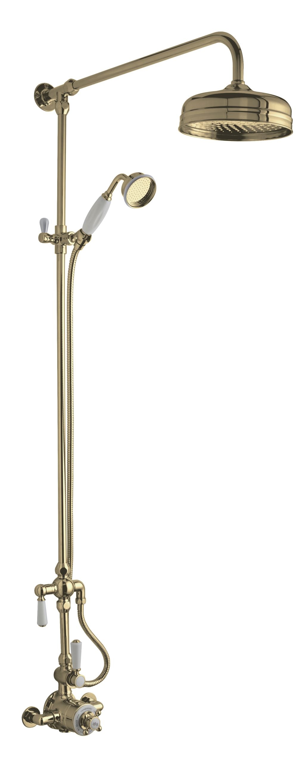 Shower panel with gold finish, rainfall showerhead, handheld shower, and vintage-style control valves, perfect for luxury bathroom renovation and stylish bathroom accessories.