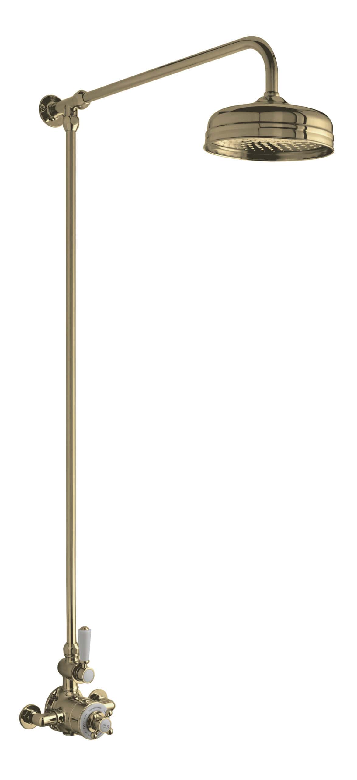 Brass showerhead with vintage-style design, wall-mounted bathroom fixture, high-quality plumbing accessory for modern bathroom renovation, luxury shower system.
