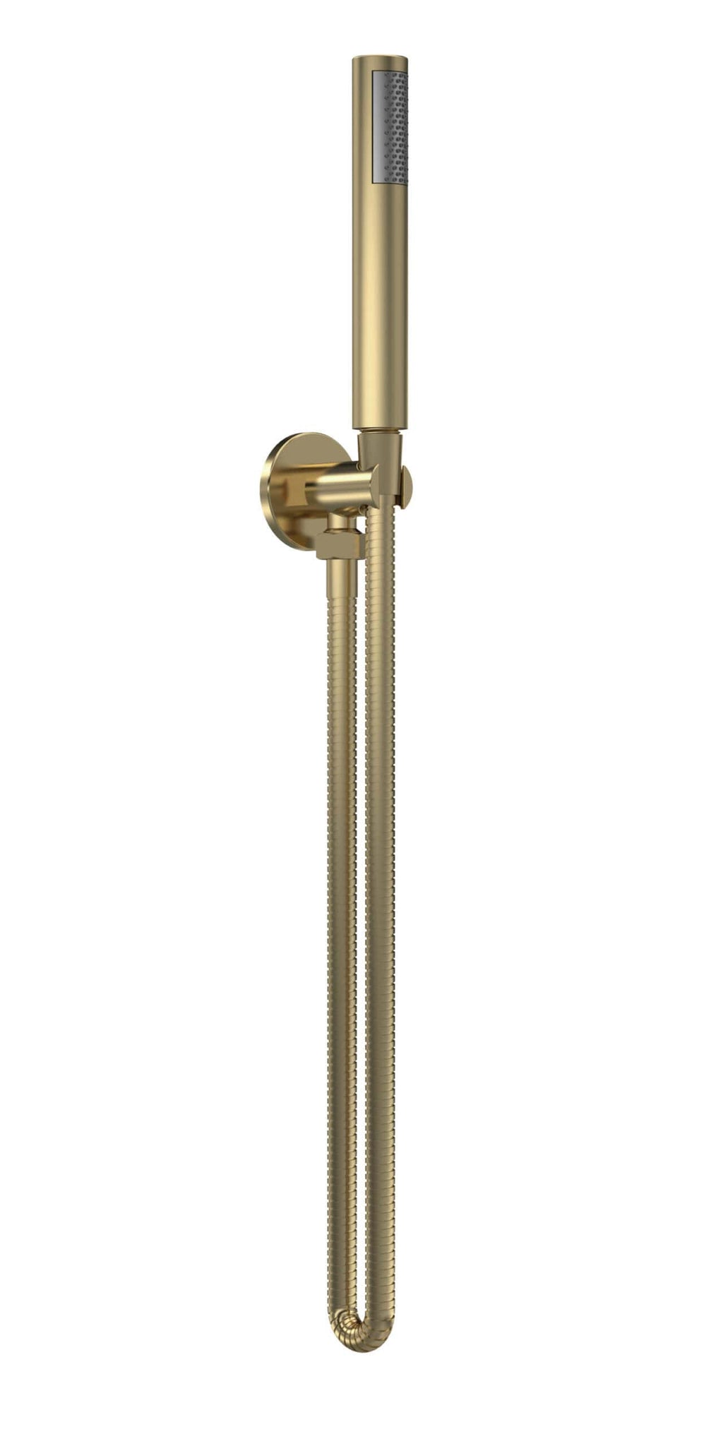 Shower handset with gold finish and flexible hose for modern bathroom design. Ideal for updating bathrooms with stylish and functional fixtures. Suitable for various shower setups.