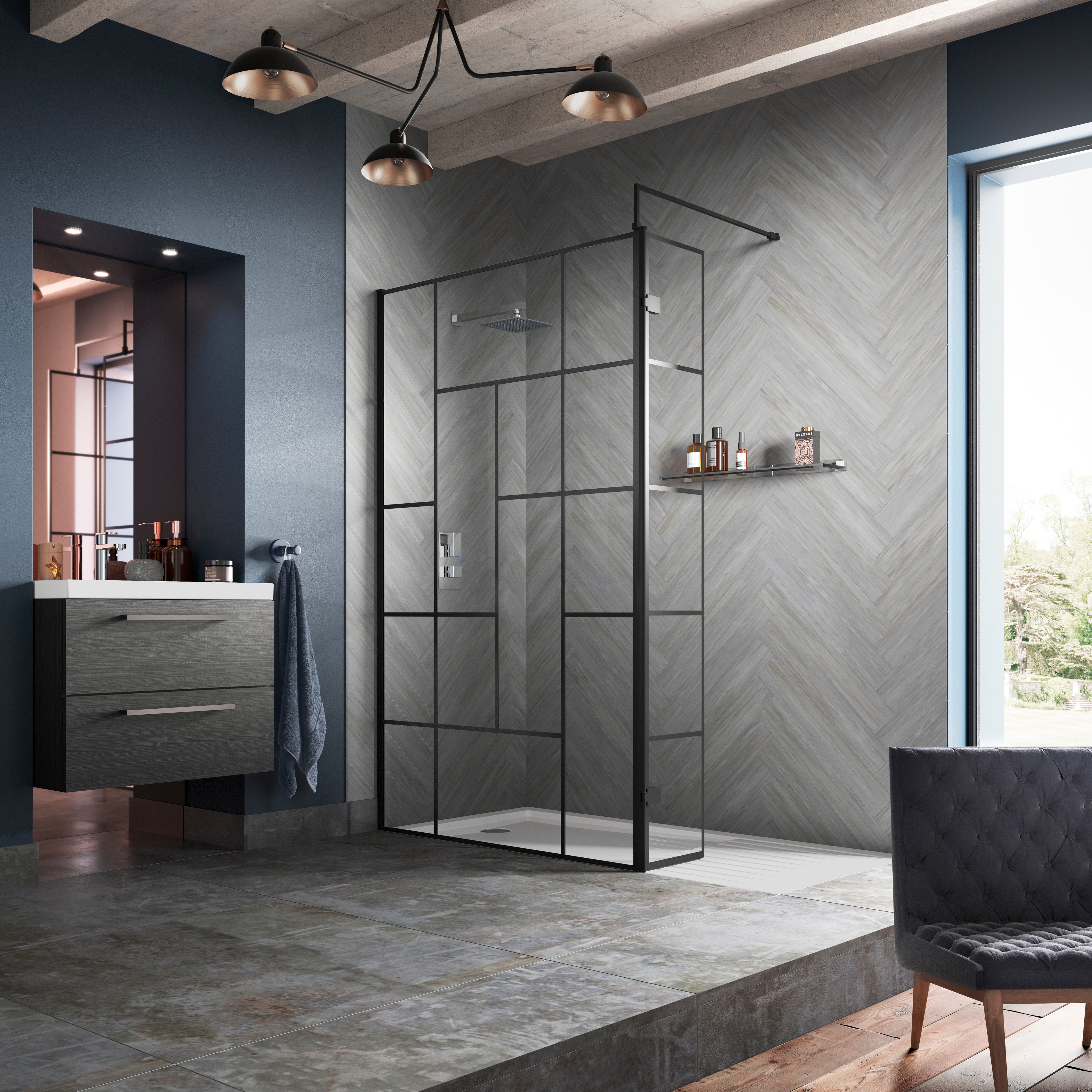 Modern walk-in shower with black metal frame and grey herringbone tile wall, sleek vanity with dark wood finish, and trendy lighting in a stylish bathroom setting.