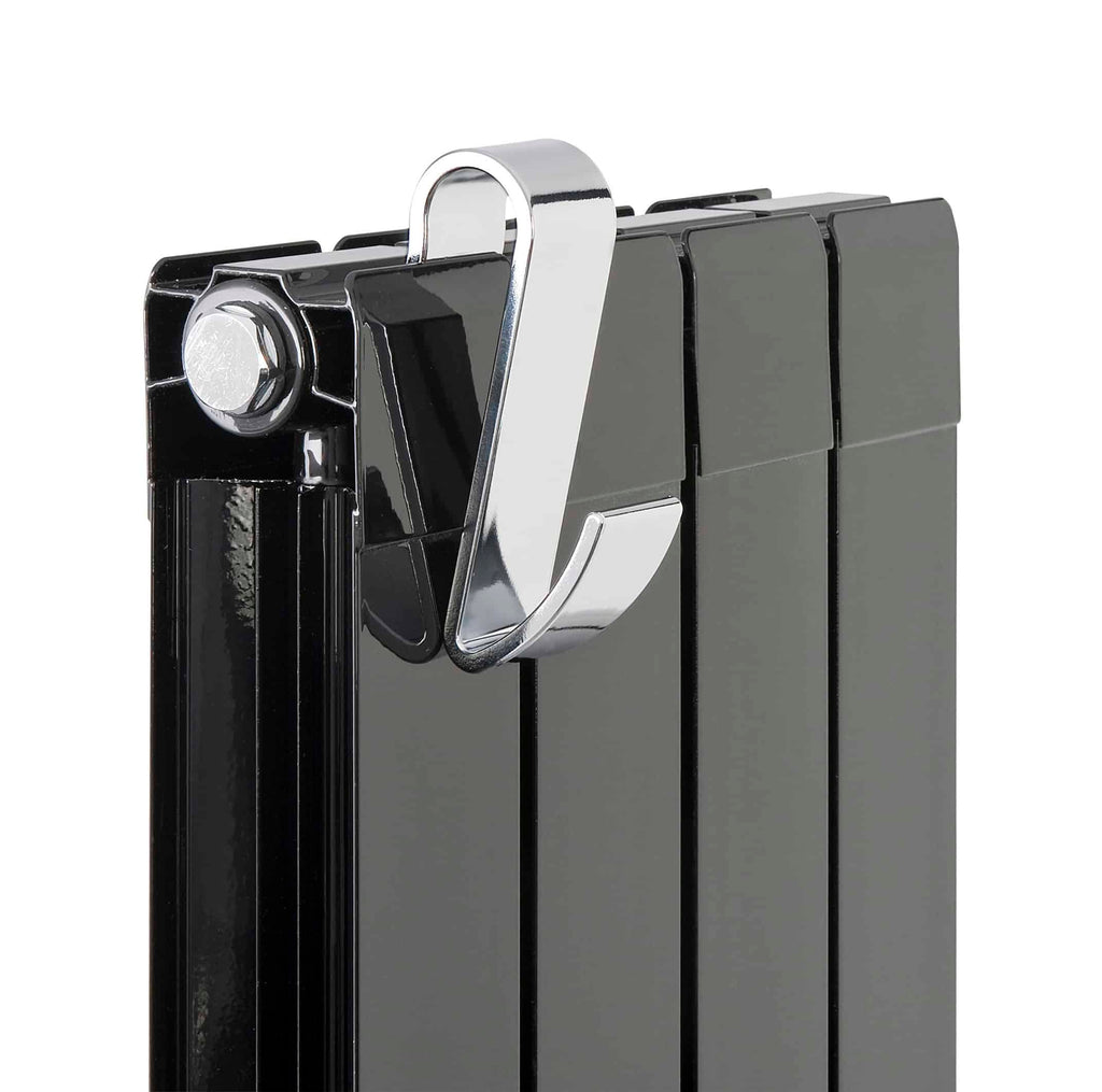 Sleek black and chrome radiator with modern design, ideal for stylish bathrooms and heating solutions. Features a chrome towel hook for convenience and aesthetic appeal. Perfect for contemporary bathroom interiors.