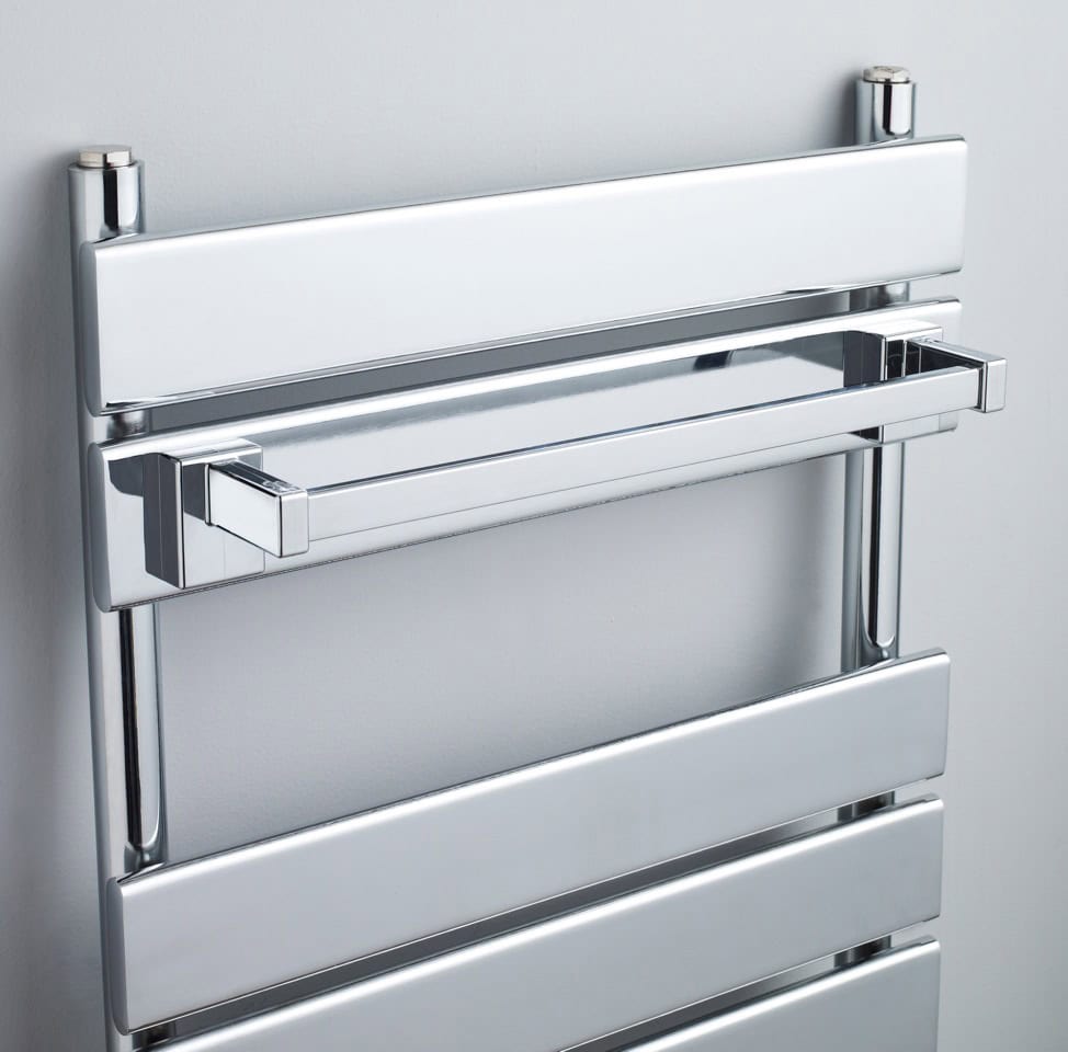 Sleek chrome heated towel rail with multiple bars, ideal for modern bathrooms, providing efficient drying and warming for towels.