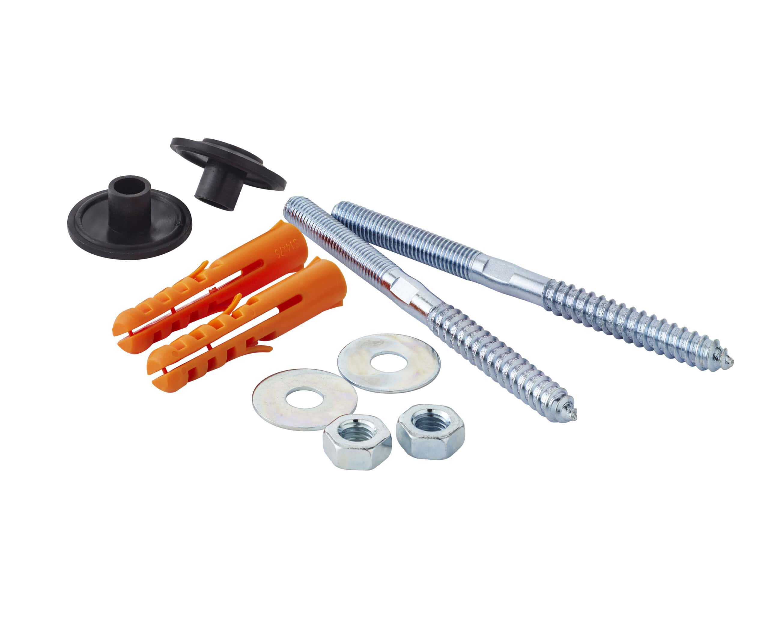Flexible bathroom plumbing repair kit with bolts, washers, rubber seals, and plastic wall anchors; ideal for DIY bathroom renovation and plumbing maintenance.