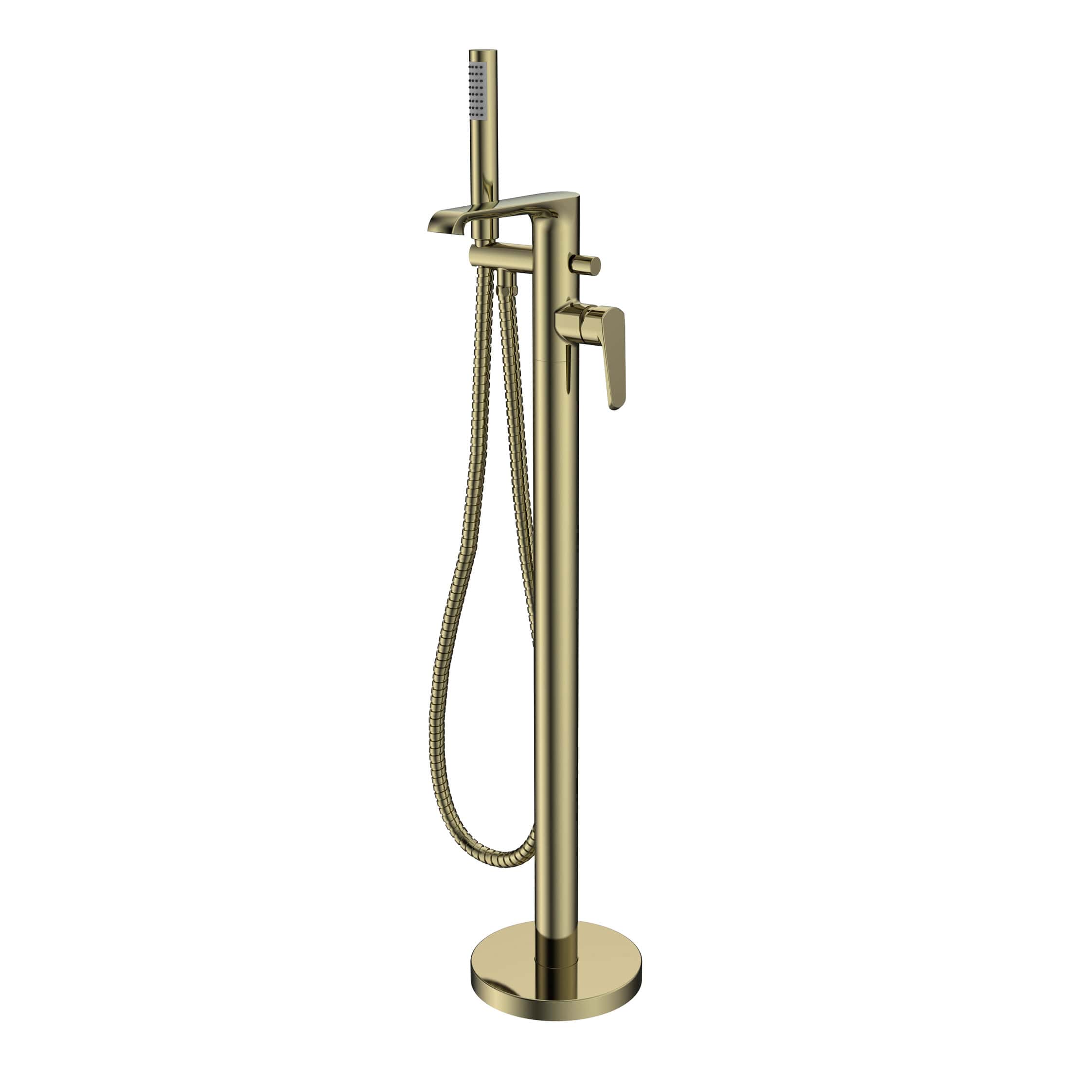 Brass freestanding bathroom mixer with handheld shower and flexible hose, modern sink tap, stylish bathroom fixture, high-quality plumbing accessory, Bubly Bathrooms product.