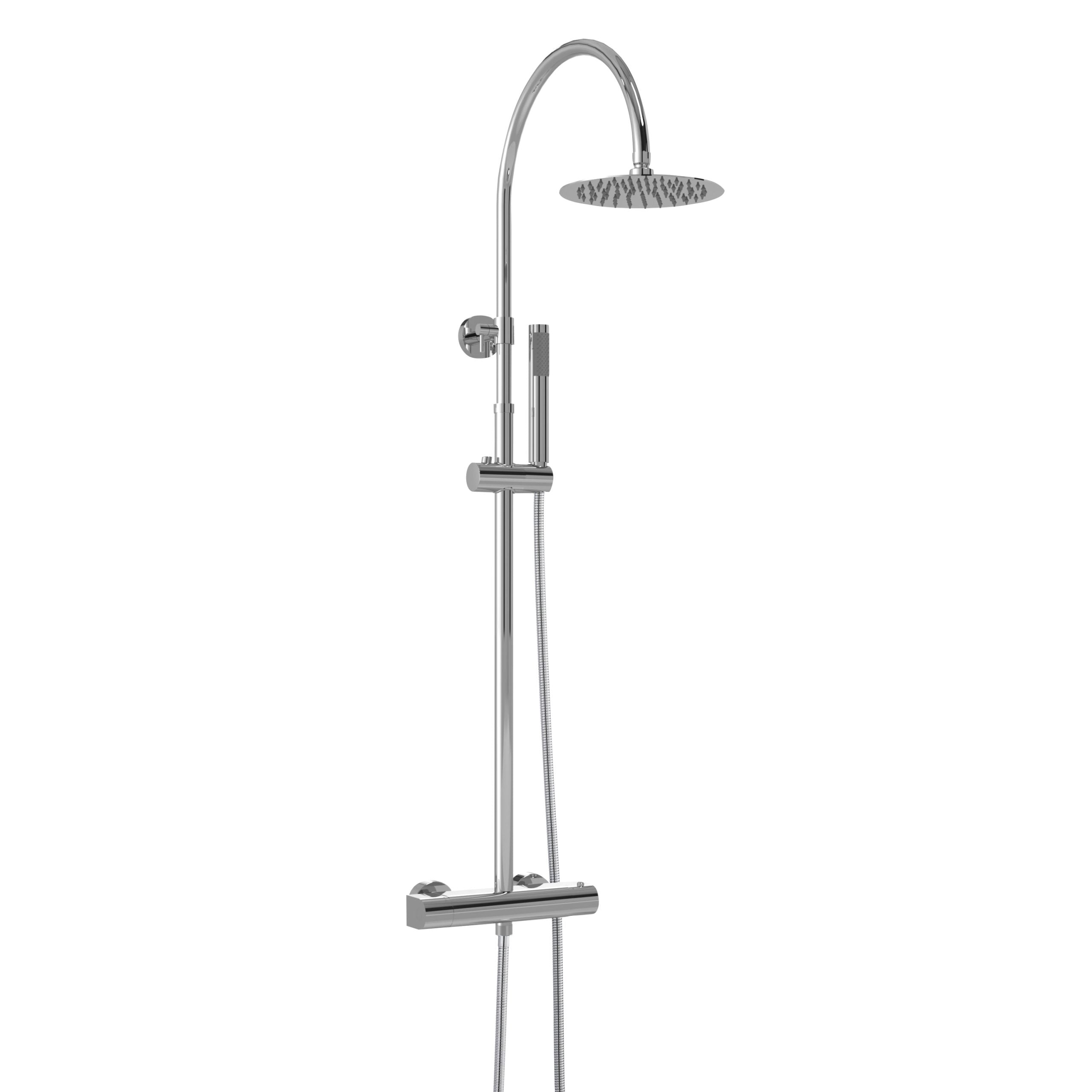 Modern chrome shower head with adjustable height and handheld attachment, ideal for luxury bathroom renovations and modern plumbing solutions.