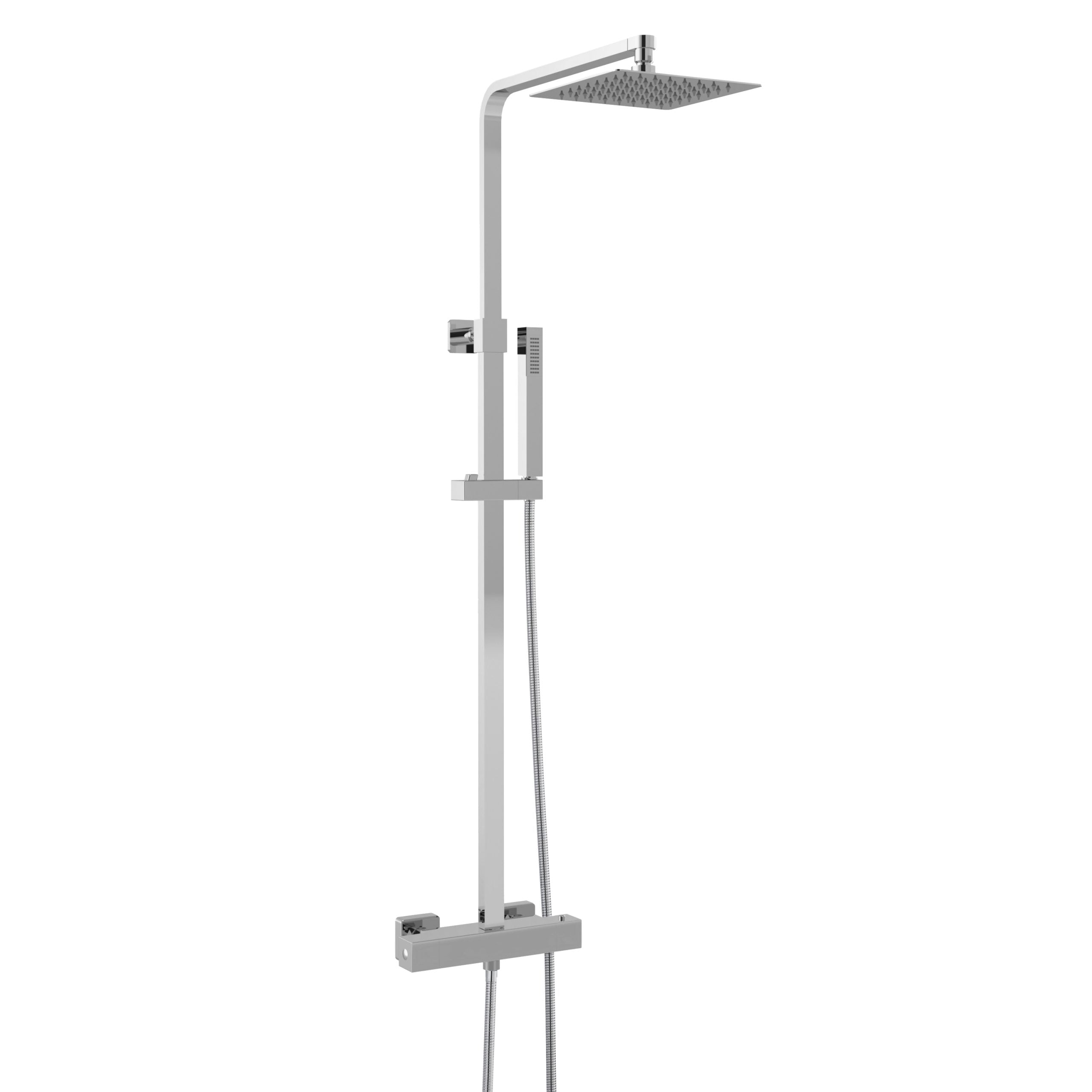Shower system with rain shower head and hand-held shower attachment, perfect for modern bathrooms. Durable, sleek design from Bubly Bathrooms offers a luxury shower experience.